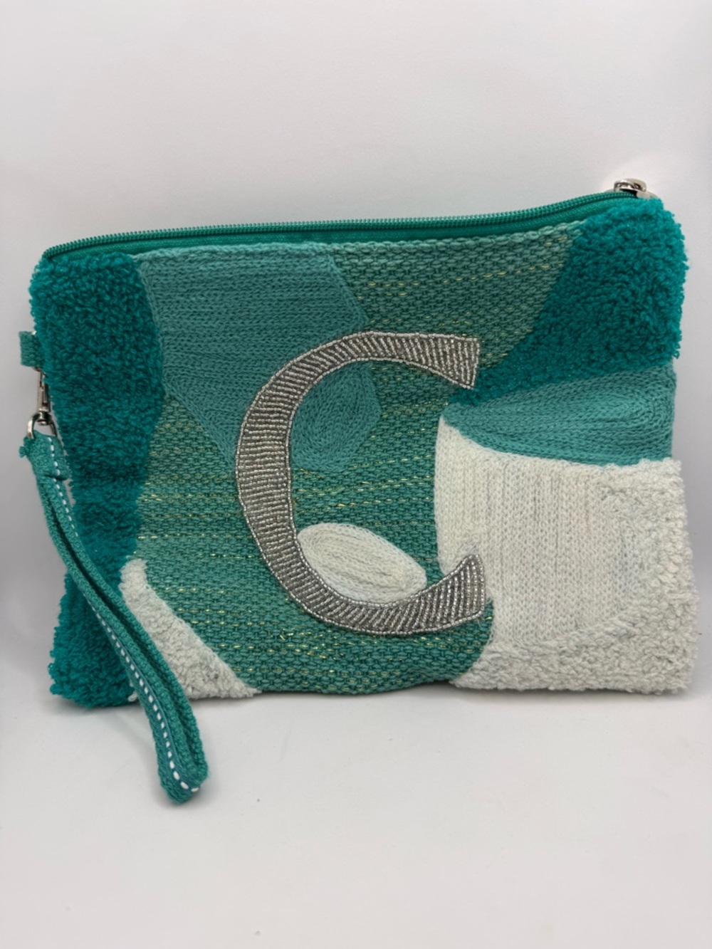 America & Beyond Monogram "C" Embellished Wristlet Pouch, Beaded Clutch Bag